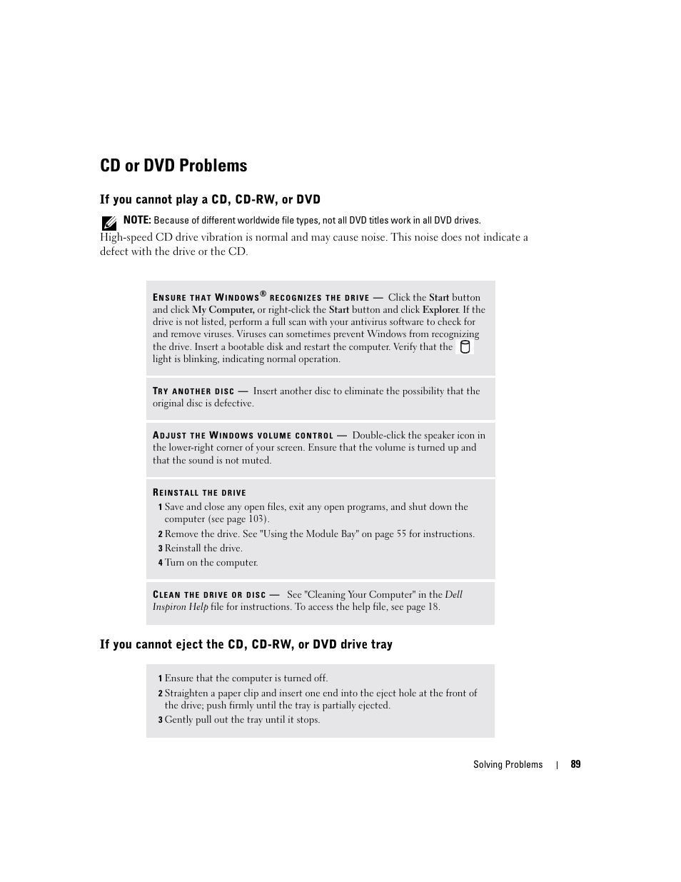 Cd or dvd problems, If you cannot play a cd, cd-rw, or dvd | Dell Inspiron XPS User Manual | Page 89 / 186