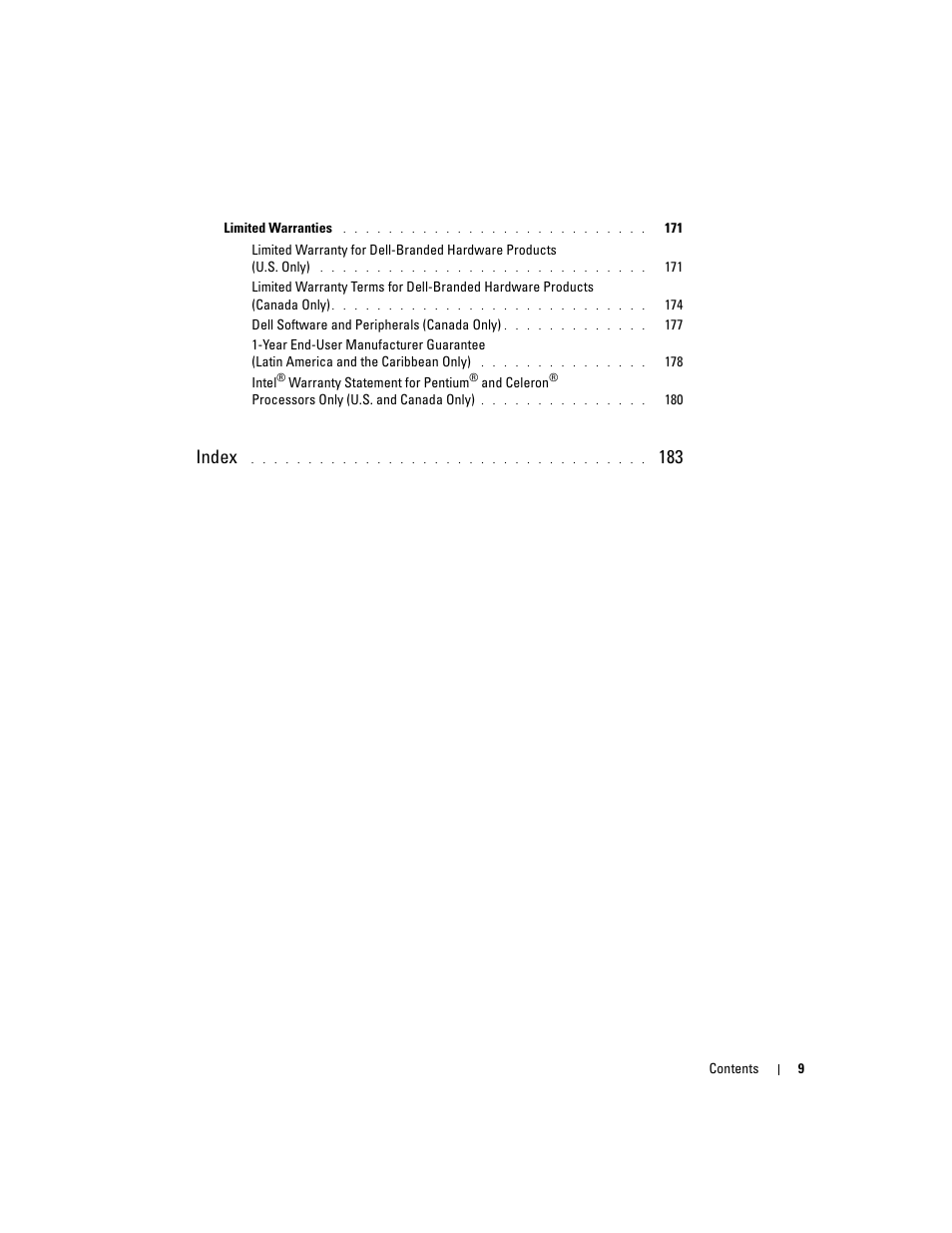 Index | Dell Inspiron XPS User Manual | Page 9 / 186