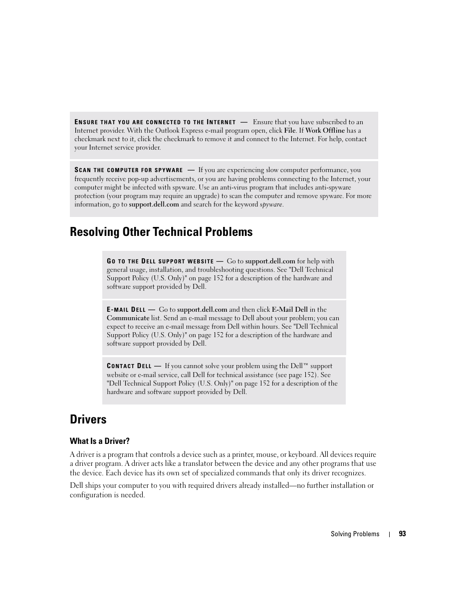 Resolving other technical problems, Drivers, What is a driver | Resolving other technical problems drivers | Dell Inspiron XPS User Manual | Page 93 / 186