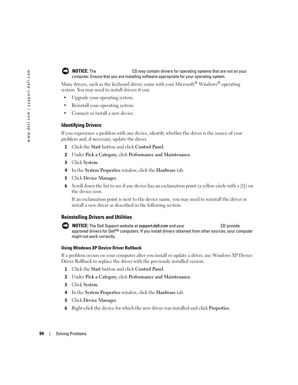 Identifying drivers, Reinstalling drivers and utilities | Dell Inspiron XPS User Manual | Page 94 / 186