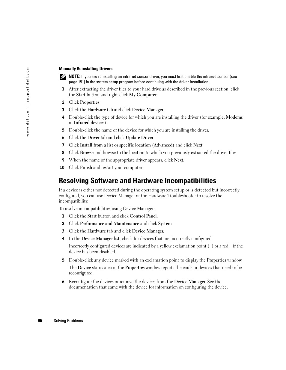 Resolving software and hardware incompatibilities | Dell Inspiron XPS User Manual | Page 96 / 186