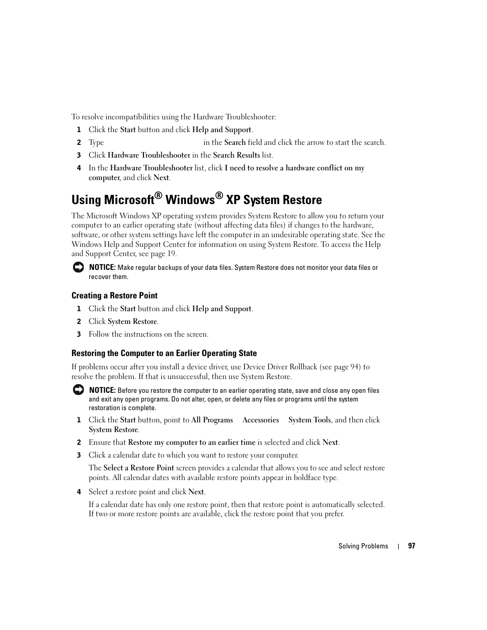 Using microsoft® windows® xp system restore, Creating a restore point, Using microsoft | Windows, Xp system restore | Dell Inspiron XPS User Manual | Page 97 / 186