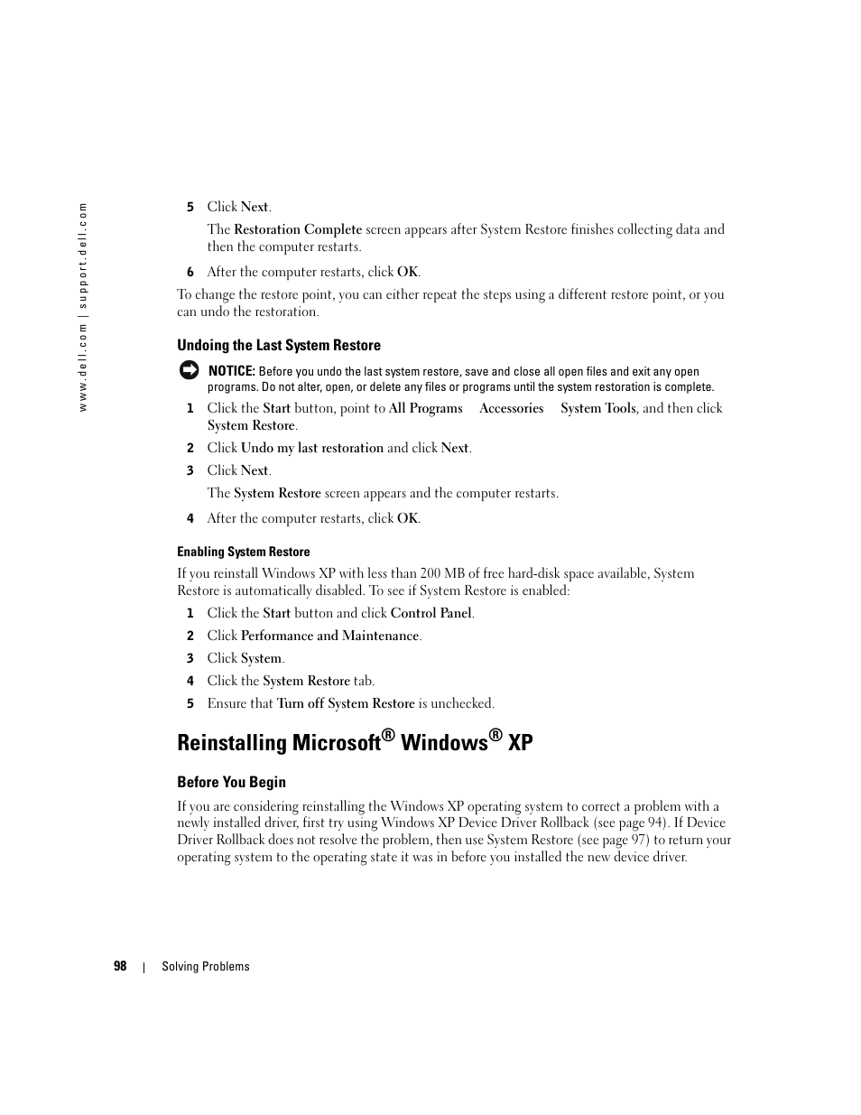 Undoing the last system restore, Reinstalling microsoft® windows® xp, Before you begin | Reinstalling microsoft, Windows | Dell Inspiron XPS User Manual | Page 98 / 186