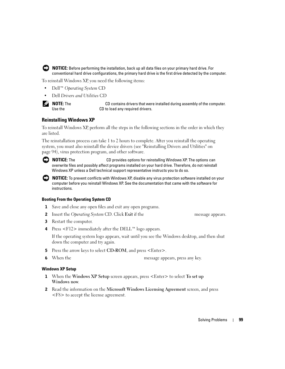 Reinstalling windows xp | Dell Inspiron XPS User Manual | Page 99 / 186