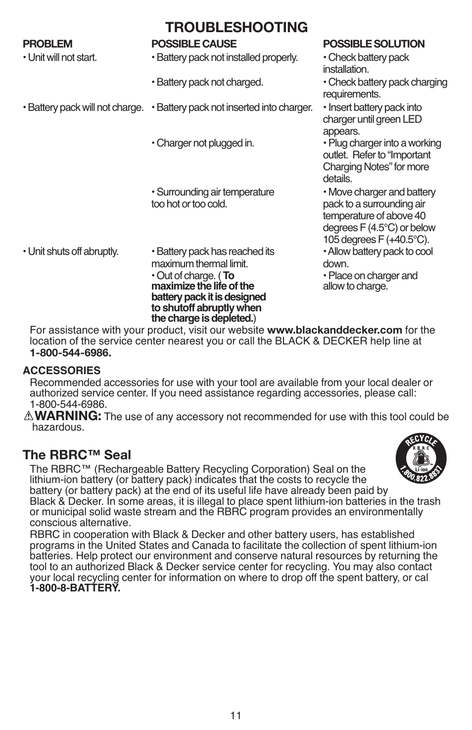 Troubleshooting, Warning, The rbrc™ seal | Black & Decker LDX112 User Manual | Page 11 / 40