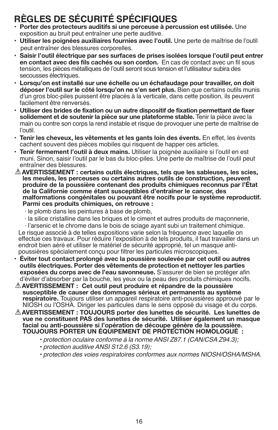 Règles de sécurité spécifiques | Black & Decker LDX112 User Manual | Page 16 / 40