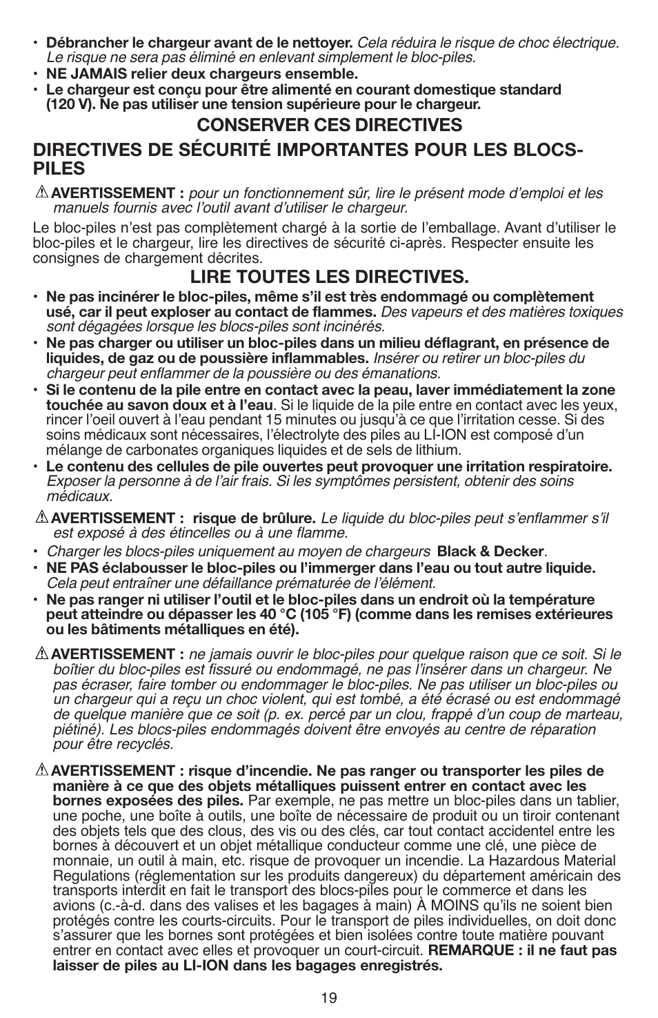 Lire toutes les directives | Black & Decker LDX112 User Manual | Page 19 / 40