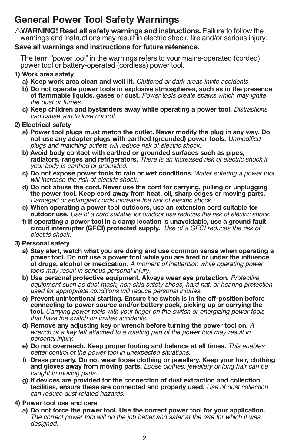 General power tool safety warnings | Black & Decker LDX112 User Manual | Page 2 / 40