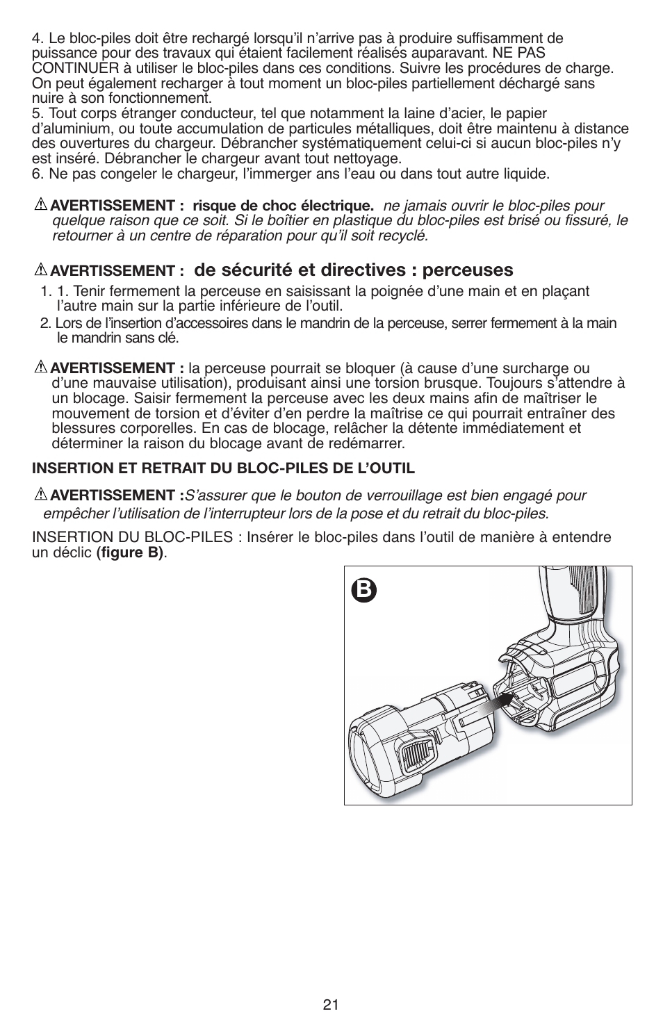 De sécurité et directives : perceuses | Black & Decker LDX112 User Manual | Page 21 / 40