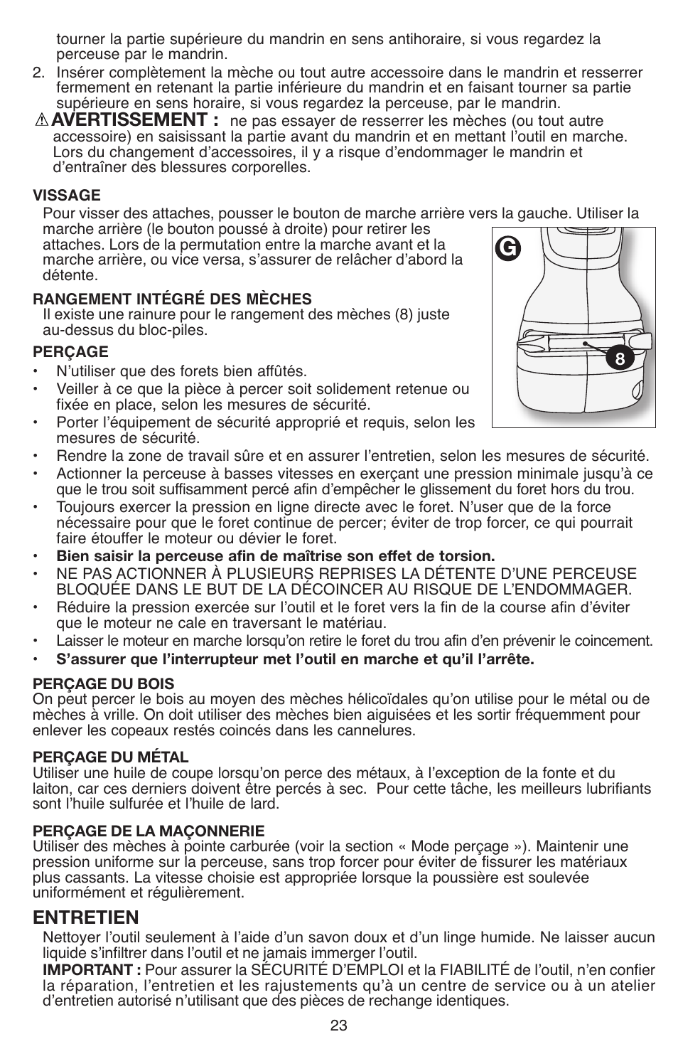 Avertissement, Entretien | Black & Decker LDX112 User Manual | Page 23 / 40