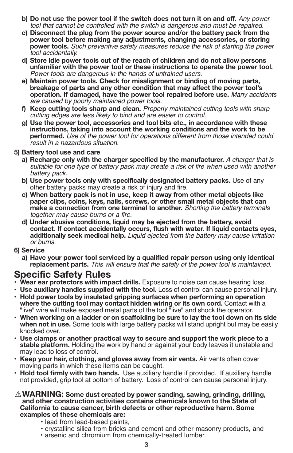 Specific safety rules, Warning | Black & Decker LDX112 User Manual | Page 3 / 40