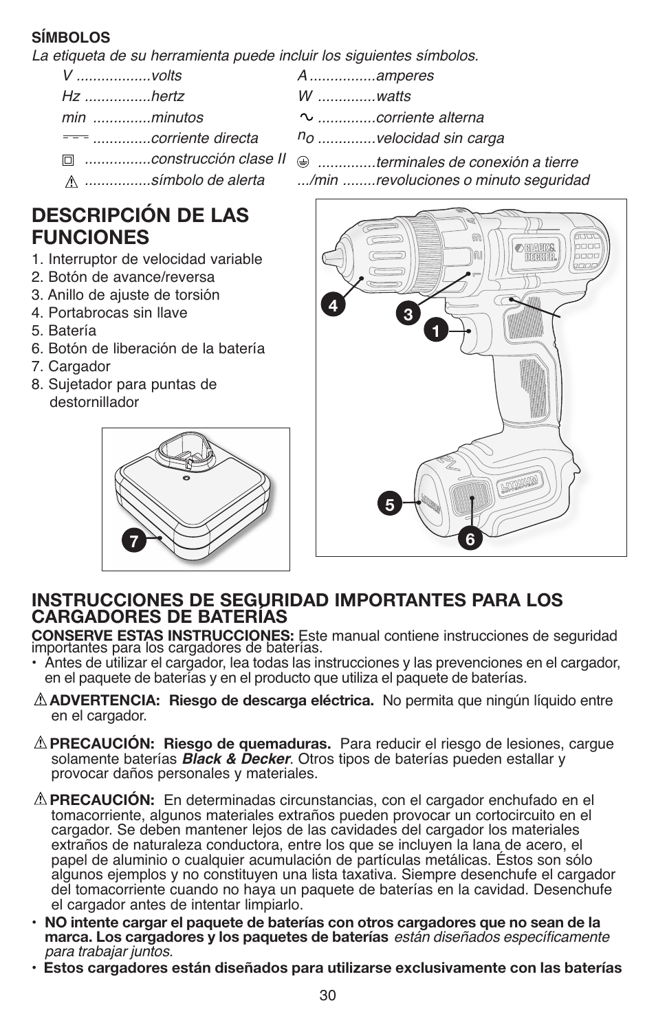 Descripción de las funciones | Black & Decker LDX112 User Manual | Page 30 / 40