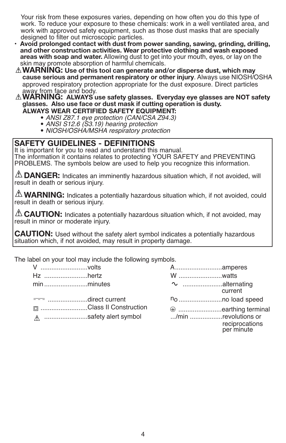 Warning, Safety guidelines - definitions, Danger | Caution | Black & Decker LDX112 User Manual | Page 4 / 40