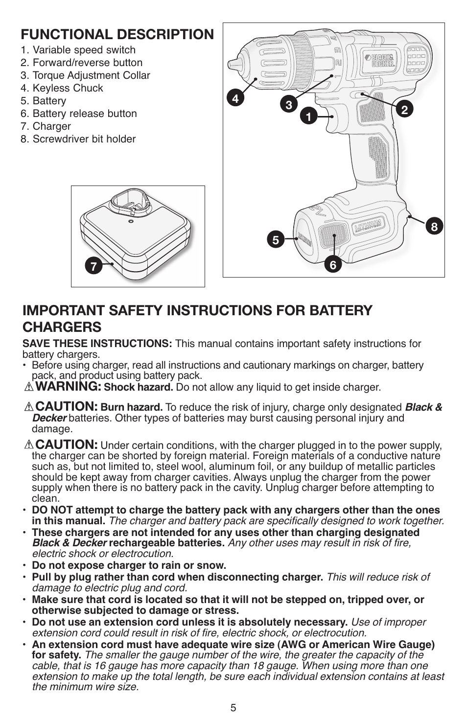 Functional description, Important safety instructions for battery chargers, Warning | Caution | Black & Decker LDX112 User Manual | Page 5 / 40