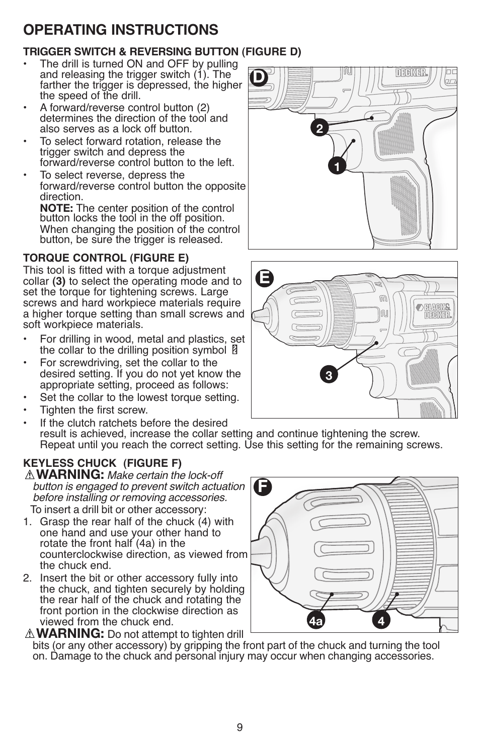De f, Operating instructions, Warning | Black & Decker LDX112 User Manual | Page 9 / 40