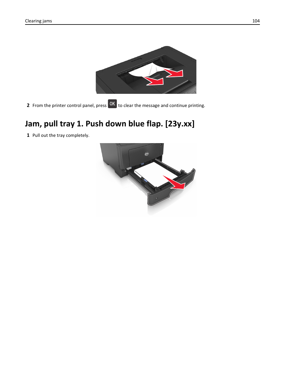Jam, pull tray 1. push down blue flap. [23y.xx | Dell B2360d Mono Laser Printer User Manual | Page 104 / 153