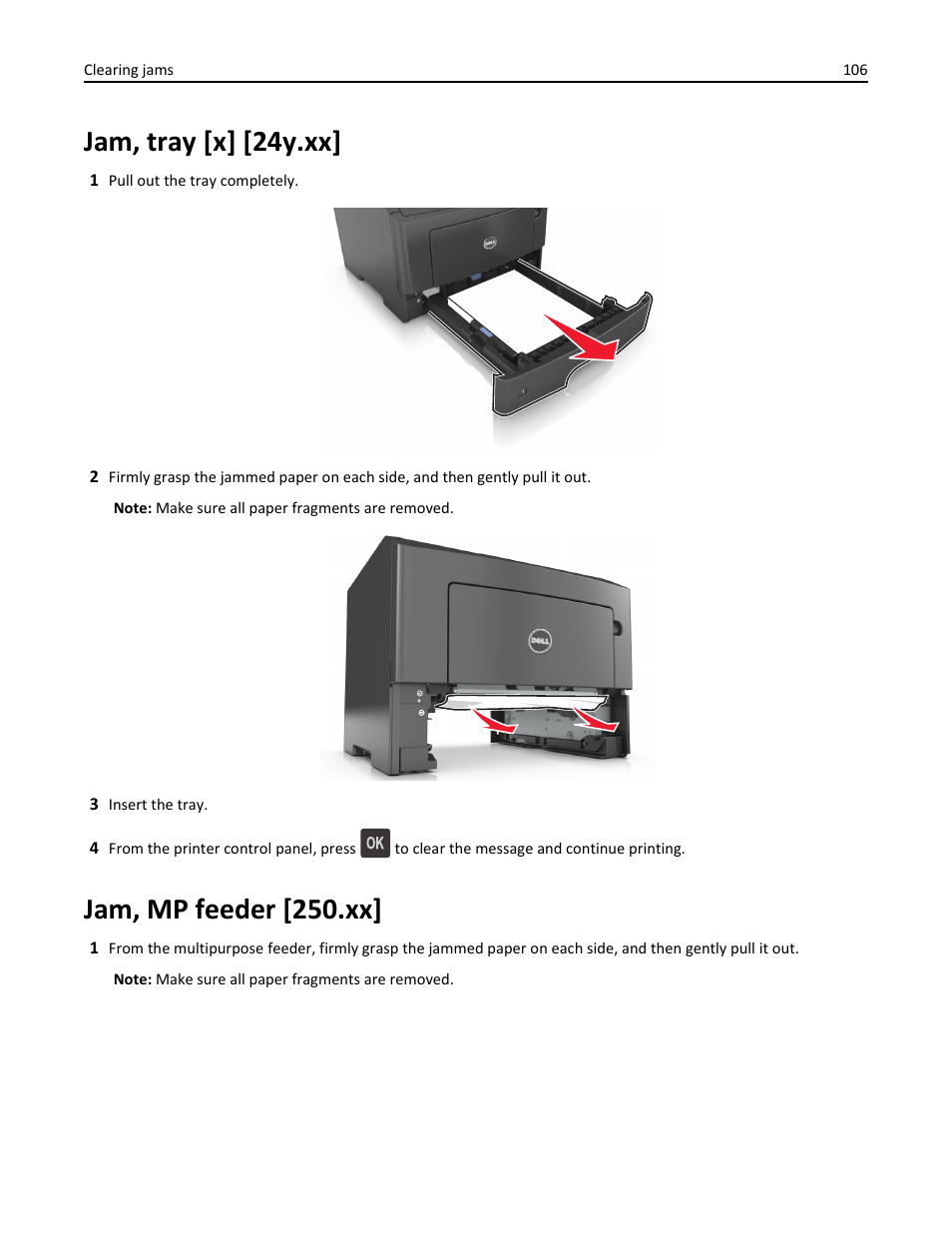 Jam, tray [x] [24y.xx, Jam, mp feeder [250.xx | Dell B2360d Mono Laser Printer User Manual | Page 106 / 153