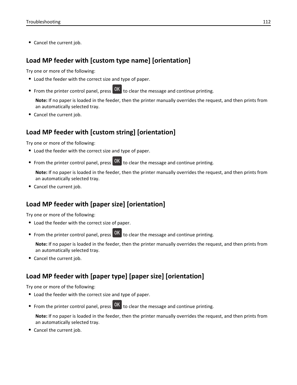 Load mp feeder with [custom string] [orientation, Load mp feeder with [paper size] [orientation | Dell B2360d Mono Laser Printer User Manual | Page 112 / 153