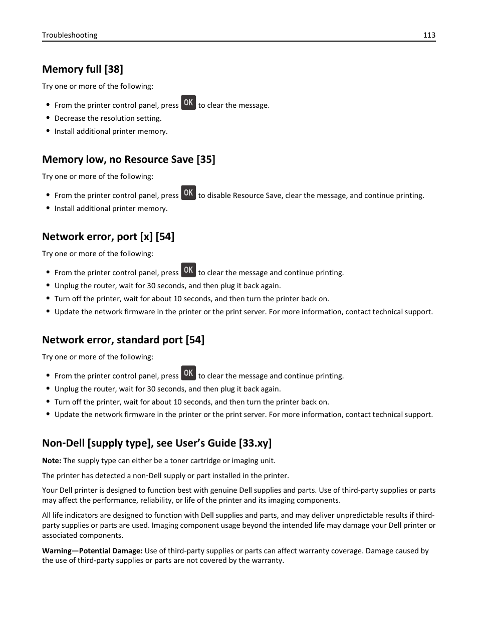 Memory full [38, Memory low, no resource save [35, Network error, port [x] [54 | Network error, standard port [54, Non-dell [supply type], see user’s guide [33.xy, Non ‑ dell [supply type], see user’s guide [33.xy | Dell B2360d Mono Laser Printer User Manual | Page 113 / 153