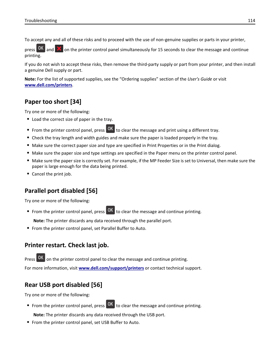 Paper too short [34, Parallel port disabled [56, Printer restart. check last job | Rear usb port disabled [56 | Dell B2360d Mono Laser Printer User Manual | Page 114 / 153