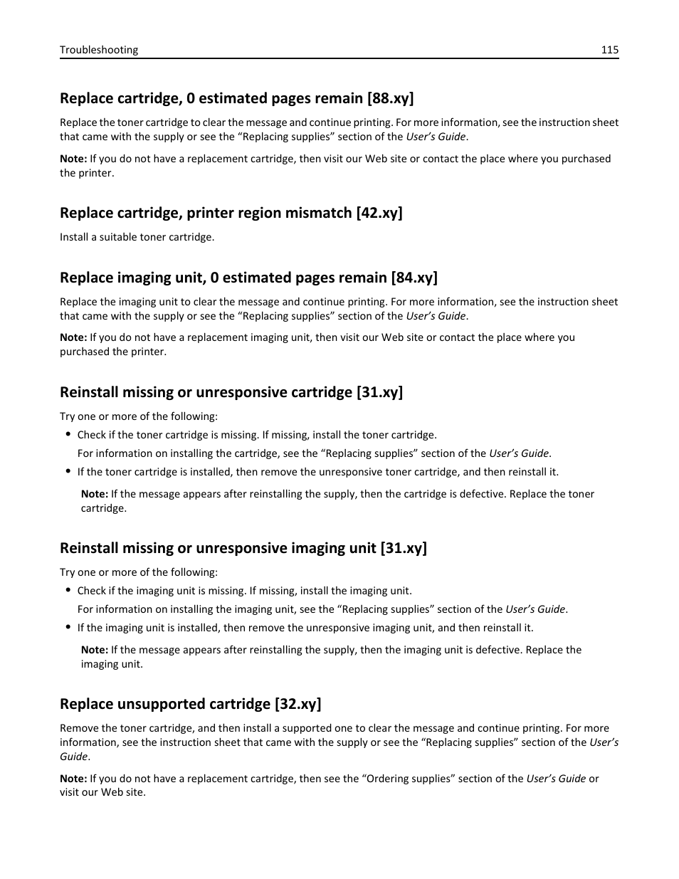 Replace cartridge, printer region mismatch [42.xy, Reinstall missing or unresponsive cartridge [31.xy, Replace unsupported cartridge [32.xy | Replace cartridge, 0 estimated pages remain [88.xy | Dell B2360d Mono Laser Printer User Manual | Page 115 / 153