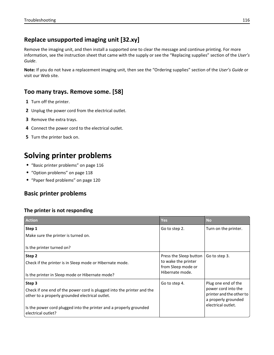 Replace unsupported imaging unit [32.xy, Too many trays. remove some. [58, Solving printer problems | Basic printer problems, The printer is not responding | Dell B2360d Mono Laser Printer User Manual | Page 116 / 153