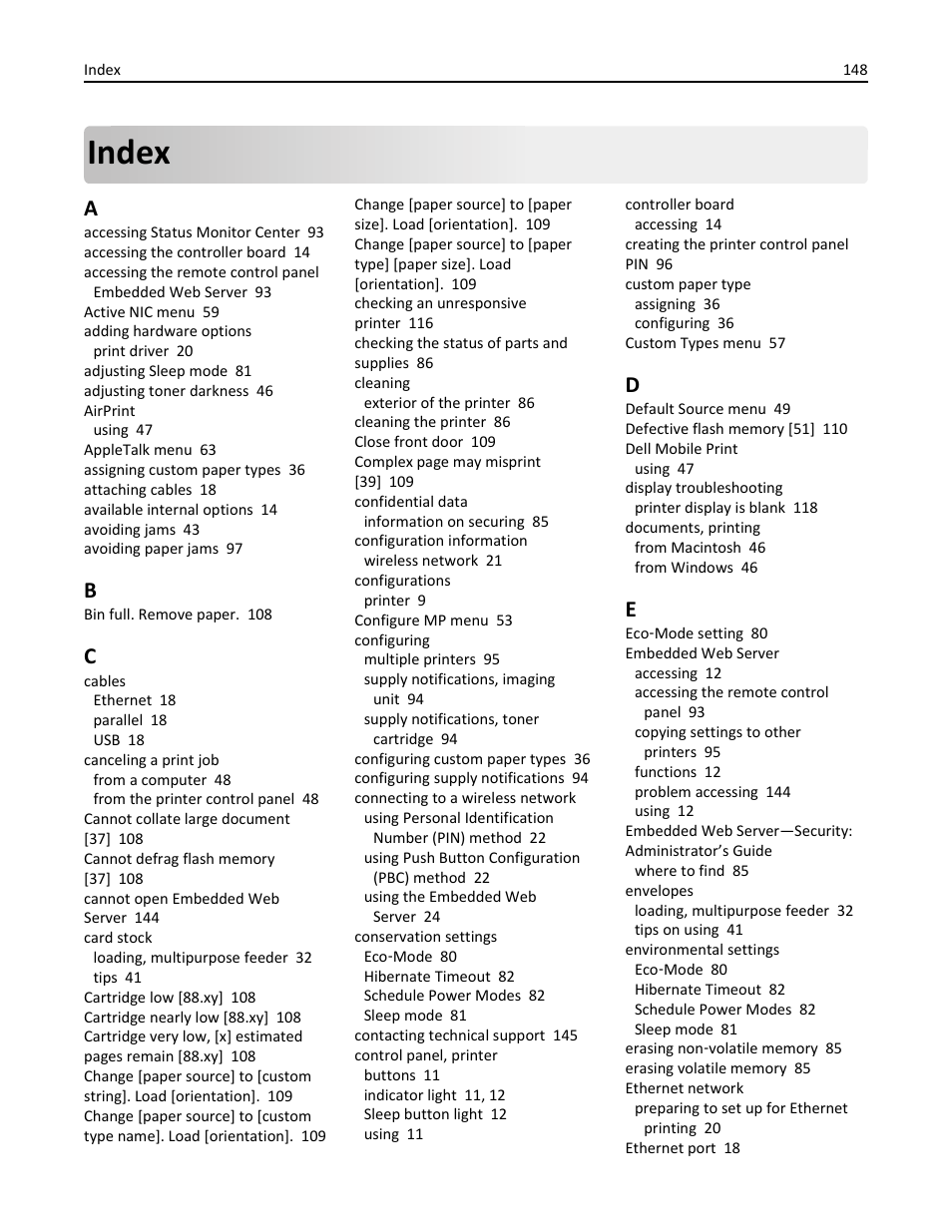 Index | Dell B2360d Mono Laser Printer User Manual | Page 148 / 153