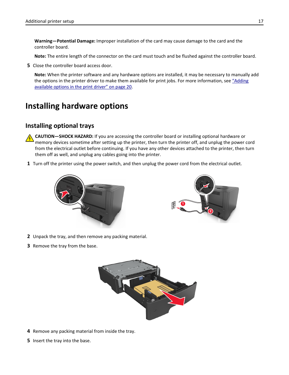 Installing hardware options, Installing optional trays | Dell B2360d Mono Laser Printer User Manual | Page 17 / 153