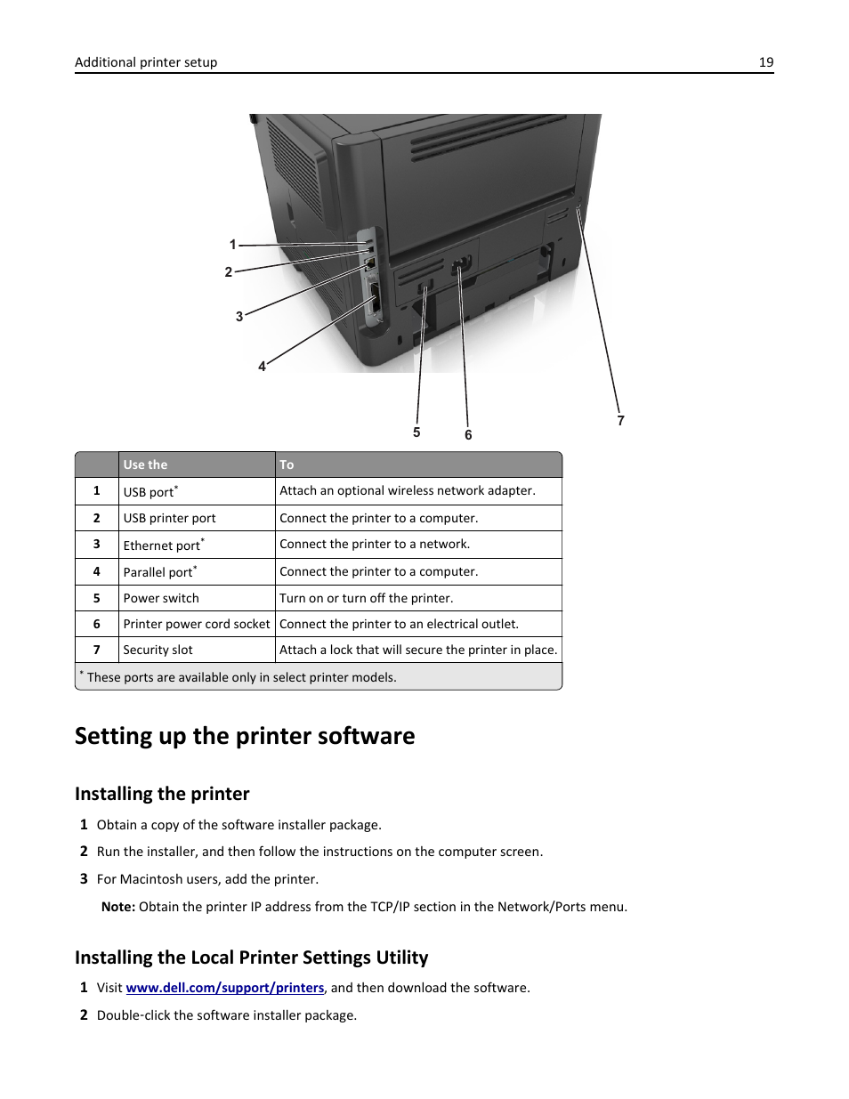 Setting up the printer software, Installing the printer, Installing the local printer settings utility | Dell B2360d Mono Laser Printer User Manual | Page 19 / 153
