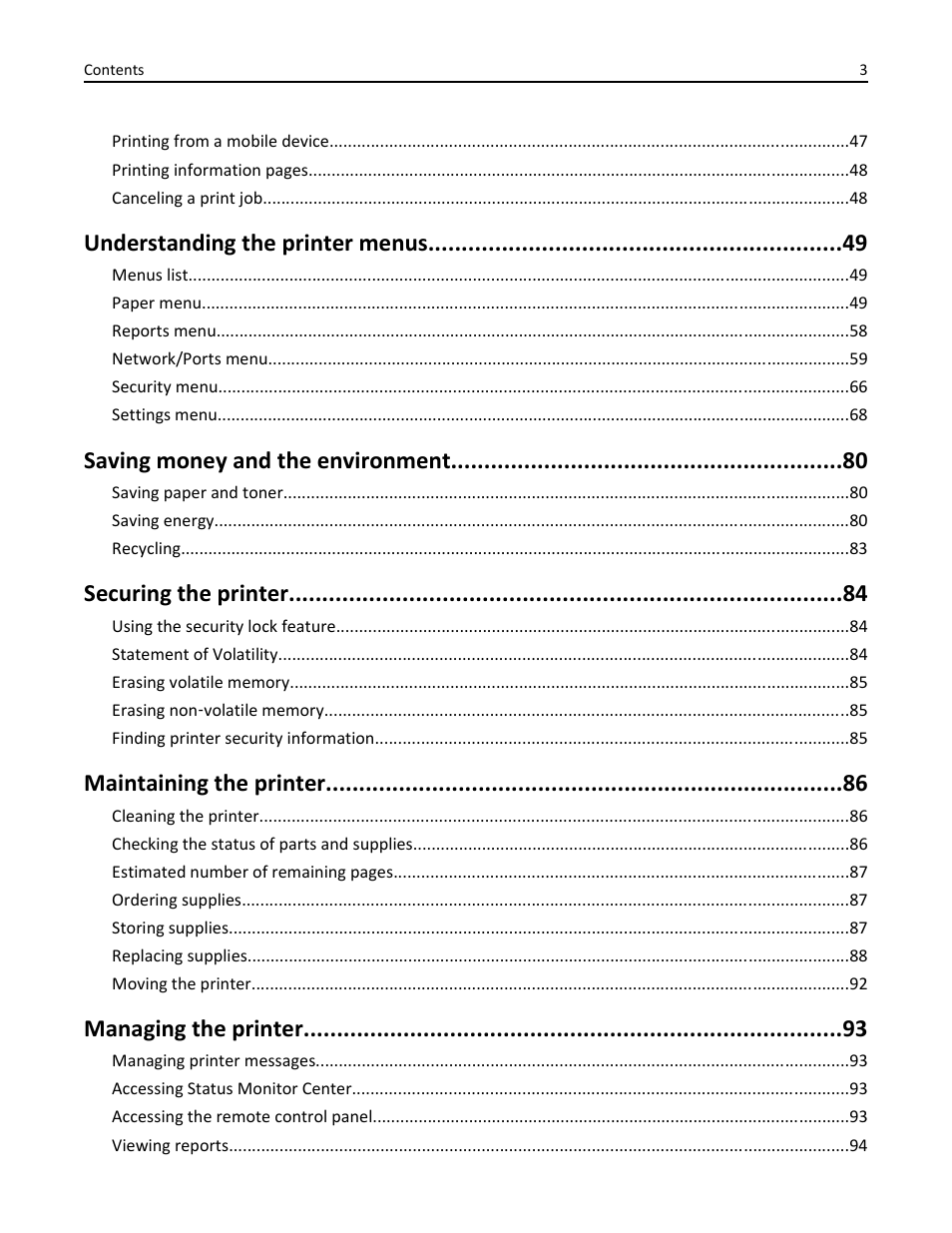 Understanding the printer menus, Saving money and the environment, Securing the printer | Maintaining the printer, Managing the printer | Dell B2360d Mono Laser Printer User Manual | Page 3 / 153