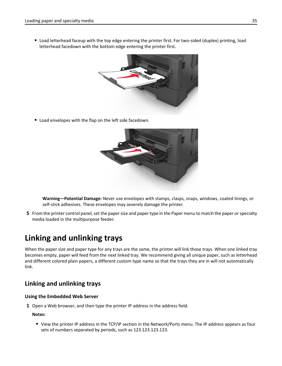 Linking and unlinking trays | Dell B2360d Mono Laser Printer User Manual | Page 35 / 153