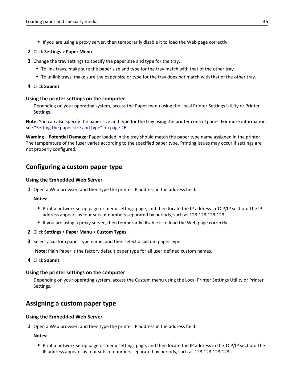 Configuring a custom paper type, Assigning a custom paper type | Dell B2360d Mono Laser Printer User Manual | Page 36 / 153