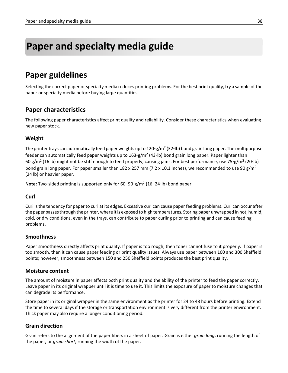Paper and specialty media guide, Paper guidelines, Paper characteristics | Dell B2360d Mono Laser Printer User Manual | Page 38 / 153