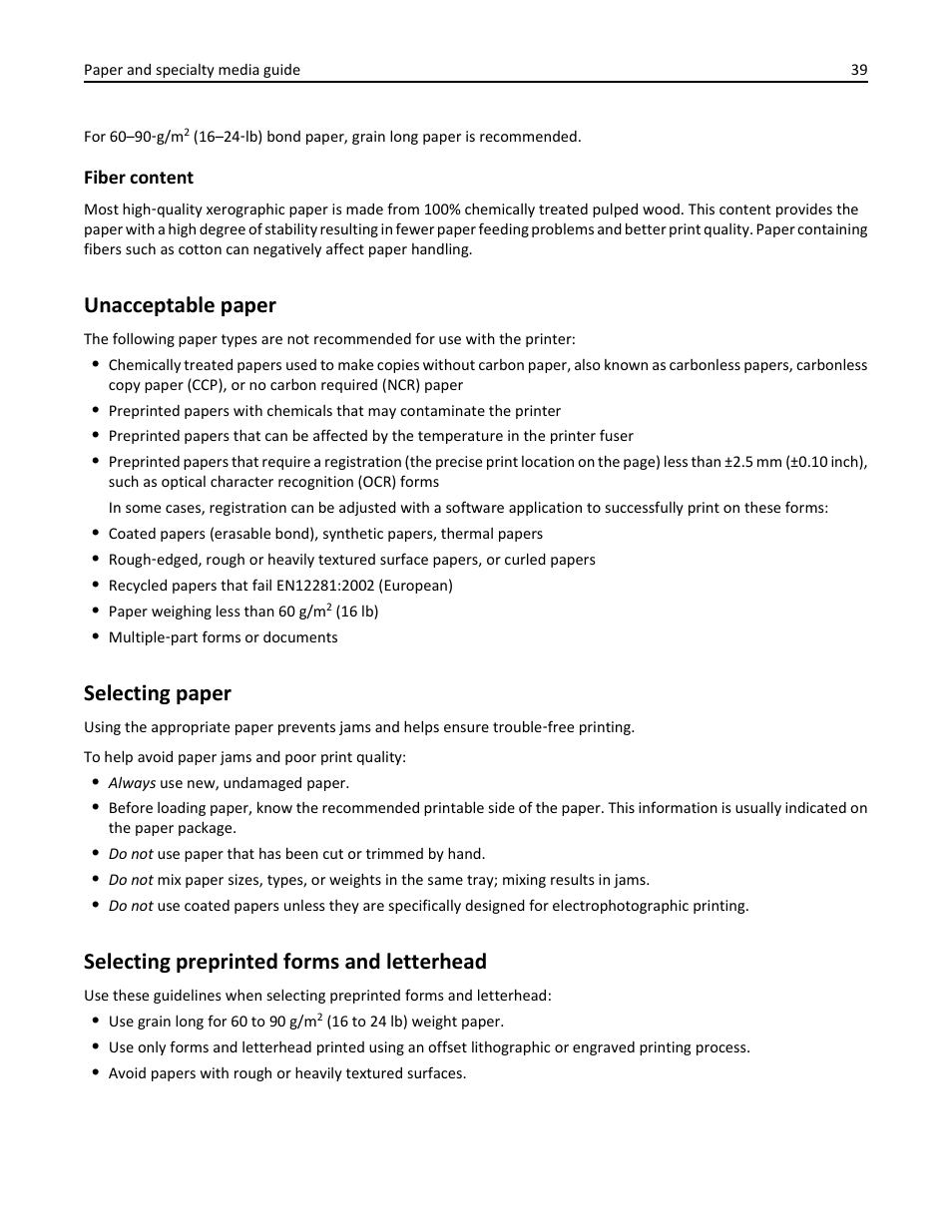 Unacceptable paper, Selecting paper, Selecting preprinted forms and letterhead | Dell B2360d Mono Laser Printer User Manual | Page 39 / 153