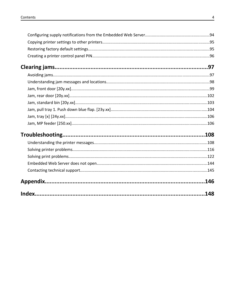Clearing jams, Troubleshooting, Appendix index | Dell B2360d Mono Laser Printer User Manual | Page 4 / 153