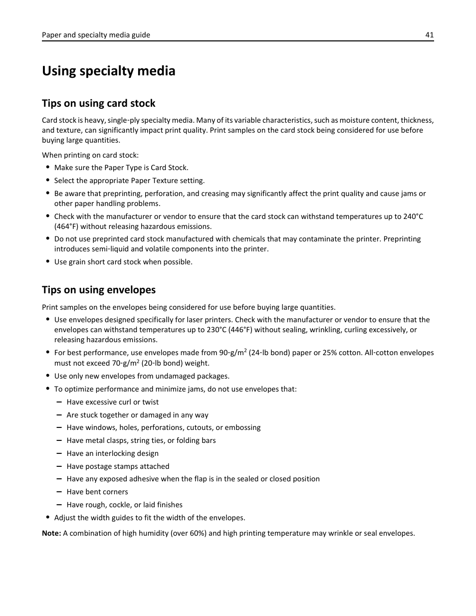 Using specialty media, Tips on using card stock, Tips on using envelopes | Dell B2360d Mono Laser Printer User Manual | Page 41 / 153