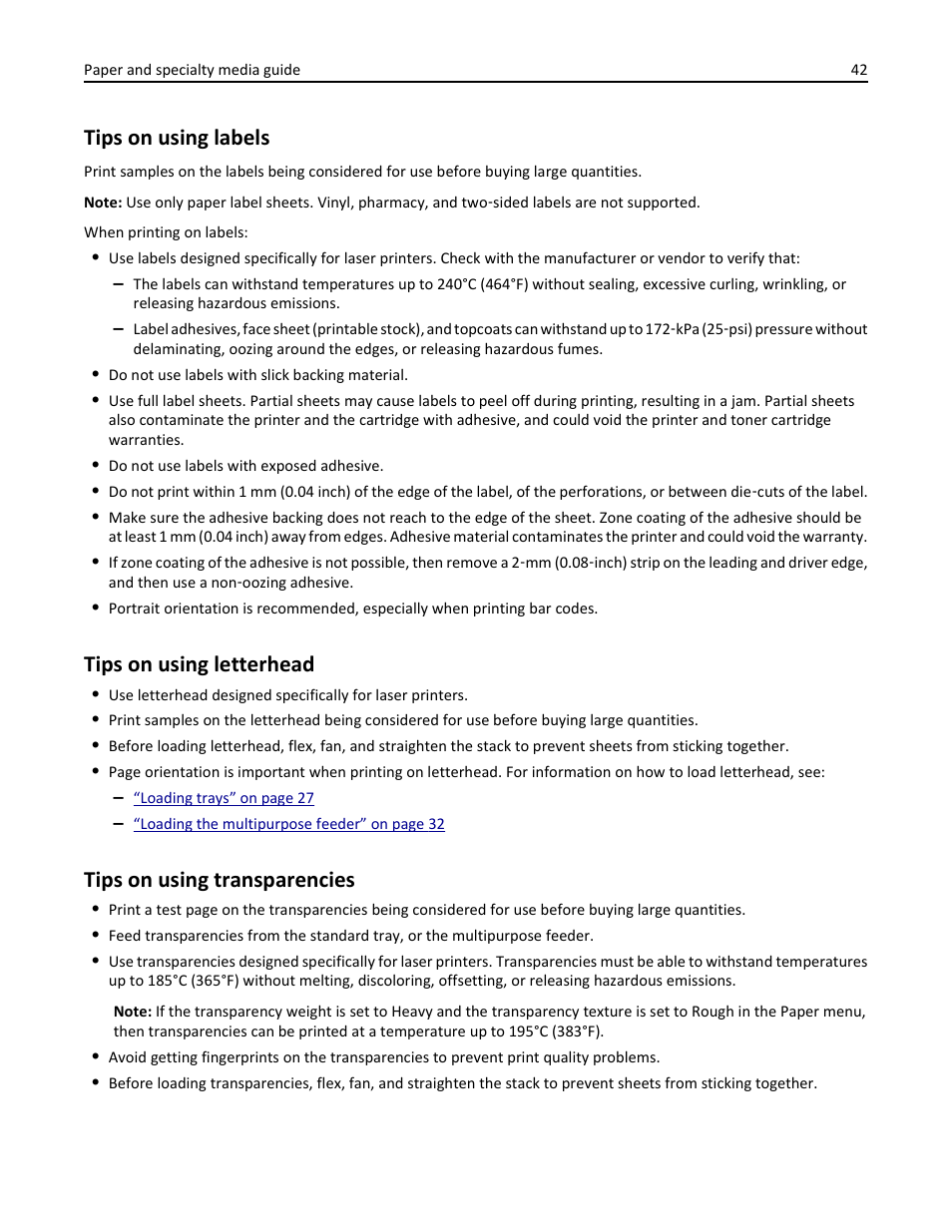 Tips on using labels, Tips on using letterhead, Tips on using transparencies | Dell B2360d Mono Laser Printer User Manual | Page 42 / 153