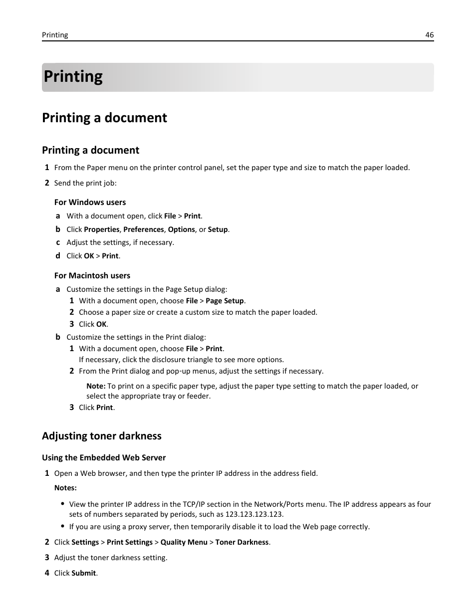 Printing, Printing a document, Adjusting toner darkness | Dell B2360d Mono Laser Printer User Manual | Page 46 / 153
