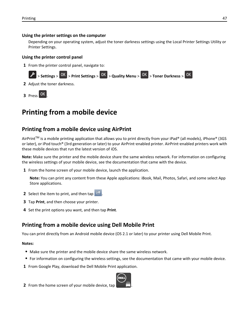 Printing from a mobile device, Printing from a mobile device using airprint | Dell B2360d Mono Laser Printer User Manual | Page 47 / 153