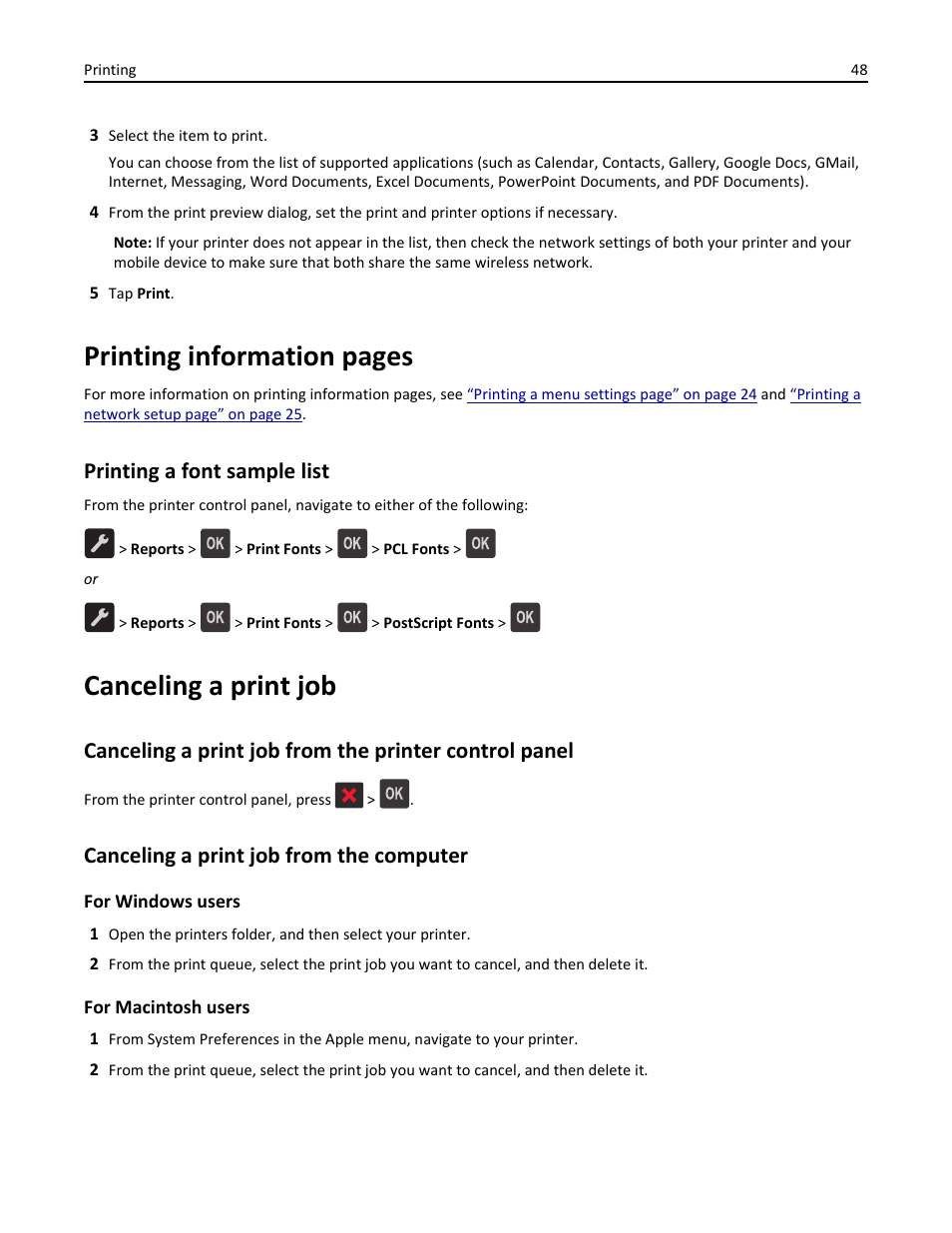 Printing a font sample list, Canceling a print job, Canceling a print job from the computer | Printing information pages | Dell B2360d Mono Laser Printer User Manual | Page 48 / 153