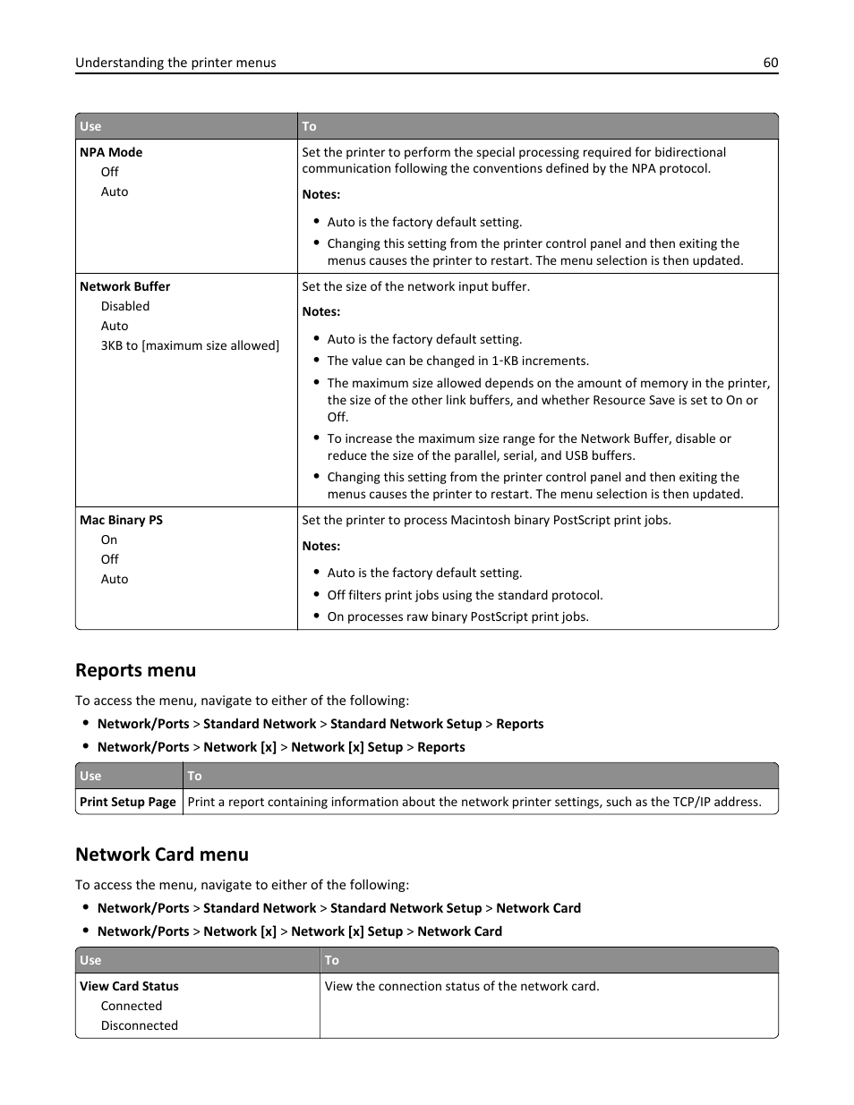 Reports menu, Network card menu | Dell B2360d Mono Laser Printer User Manual | Page 60 / 153
