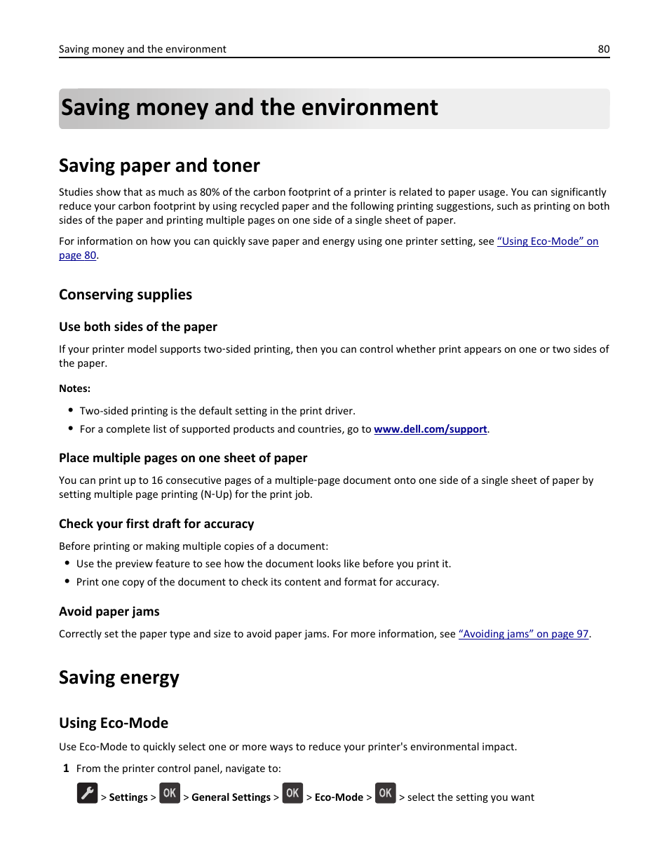Saving money and the environment, Saving paper and toner, Conserving supplies | Saving energy, Using eco-mode, Using eco ‑ mode | Dell B2360d Mono Laser Printer User Manual | Page 80 / 153
