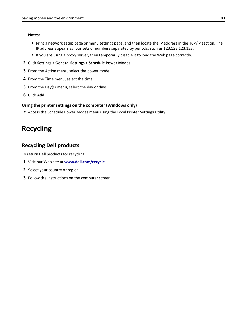 Recycling, Recycling dell products | Dell B2360d Mono Laser Printer User Manual | Page 83 / 153