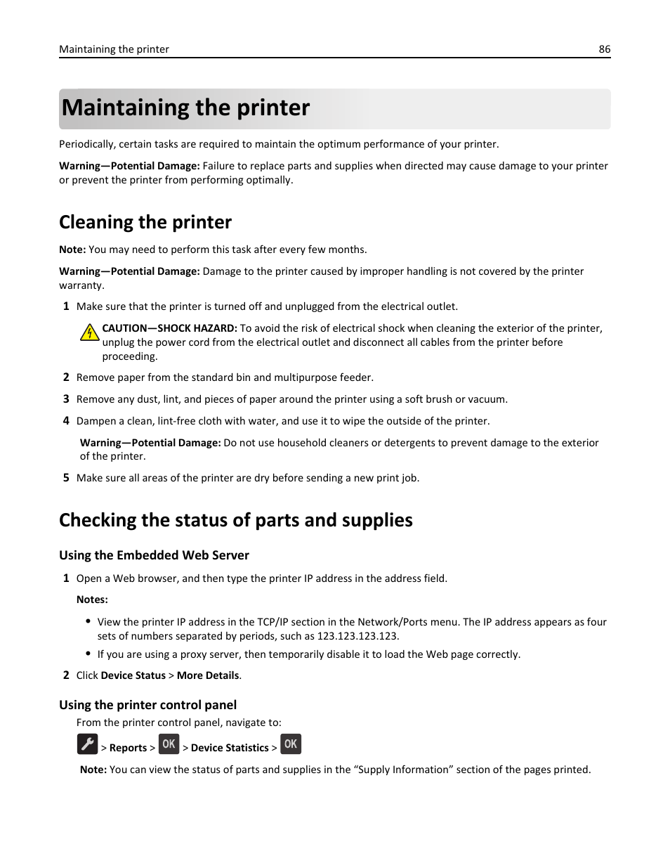 Maintaining the printer, Cleaning the printer, Checking the status of parts and supplies | Dell B2360d Mono Laser Printer User Manual | Page 86 / 153