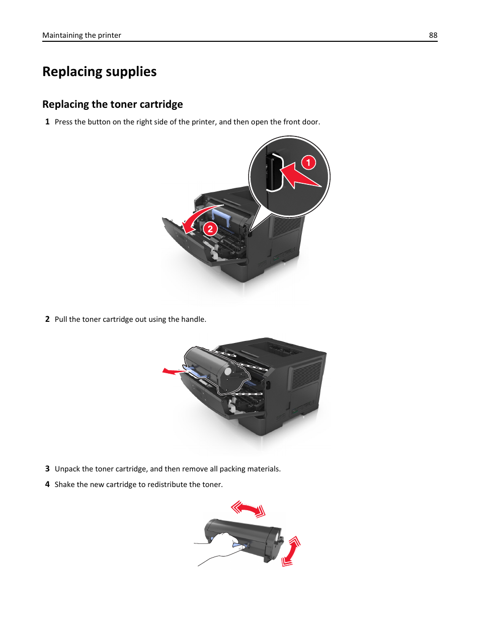 Replacing supplies, Replacing the toner cartridge | Dell B2360d Mono Laser Printer User Manual | Page 88 / 153