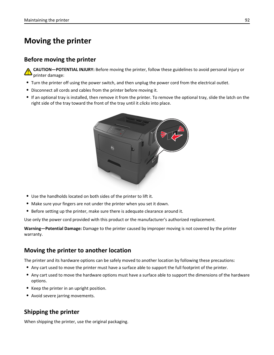 Moving the printer, Before moving the printer, Moving the printer to another location | Shipping the printer | Dell B2360d Mono Laser Printer User Manual | Page 92 / 153