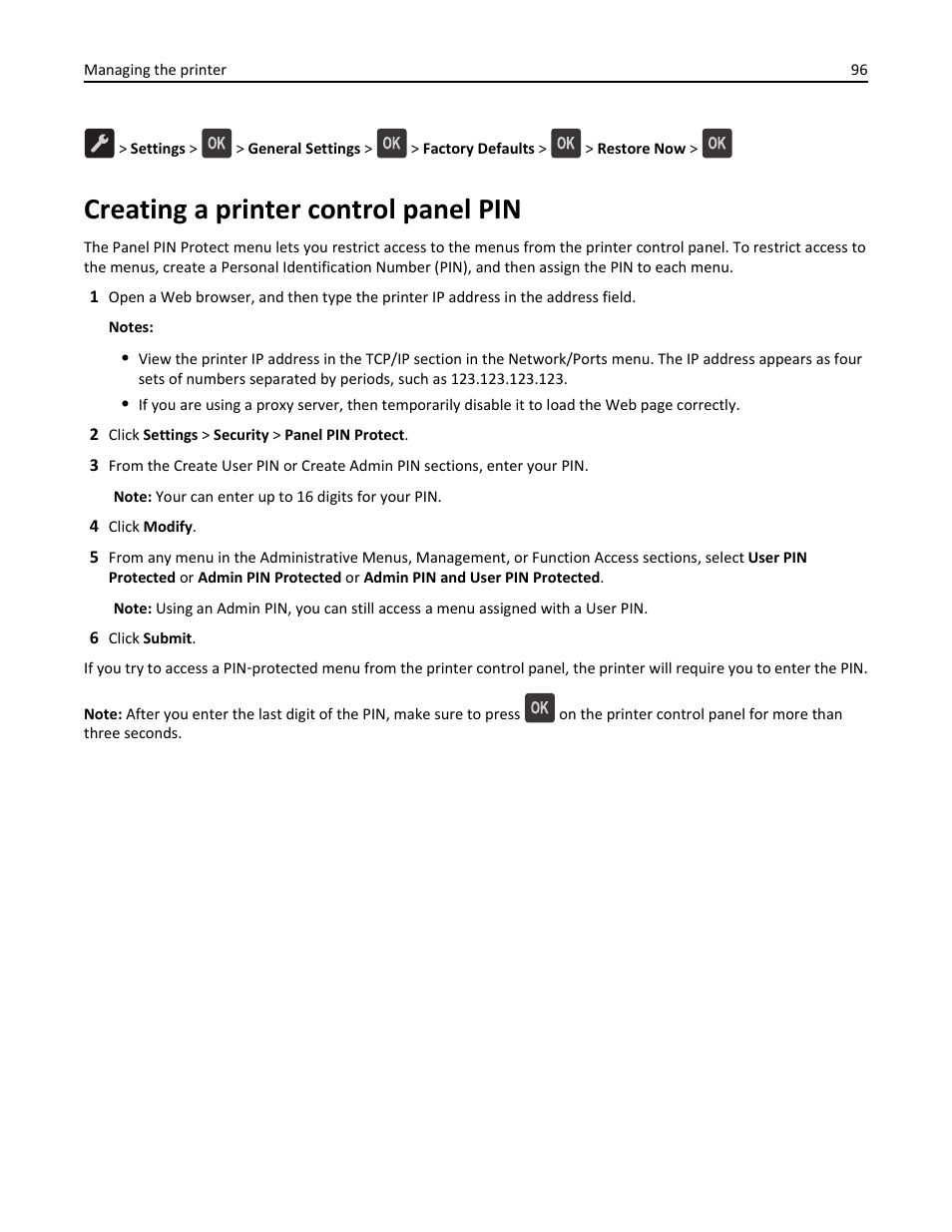 Creating a printer control panel pin | Dell B2360d Mono Laser Printer User Manual | Page 96 / 153
