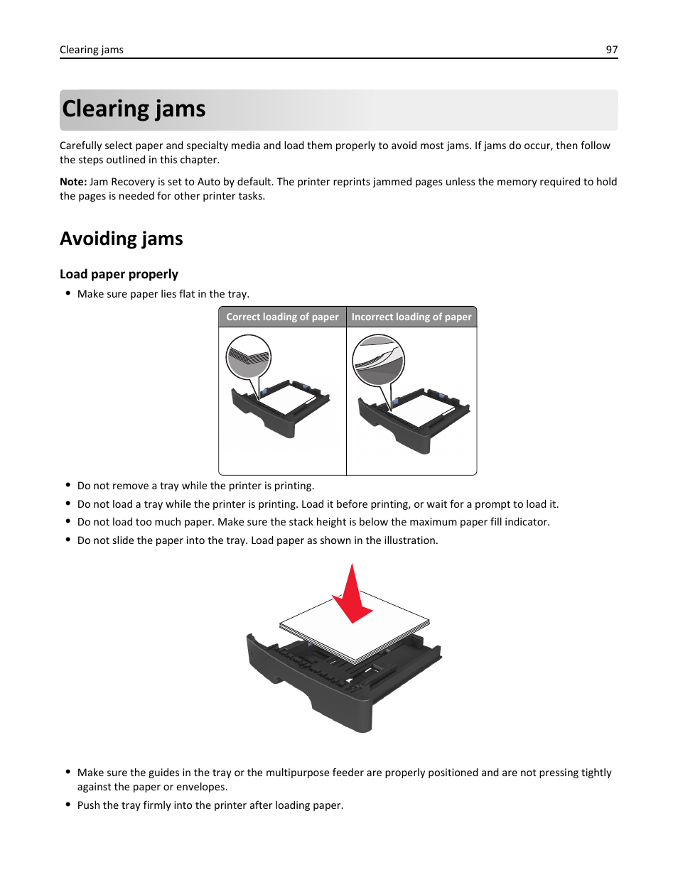 Clearing jams, Avoiding jams | Dell B2360d Mono Laser Printer User Manual | Page 97 / 153