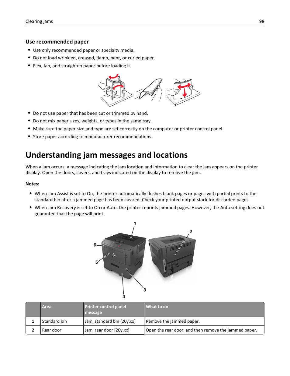 Understanding jam messages and locations | Dell B2360d Mono Laser Printer User Manual | Page 98 / 153