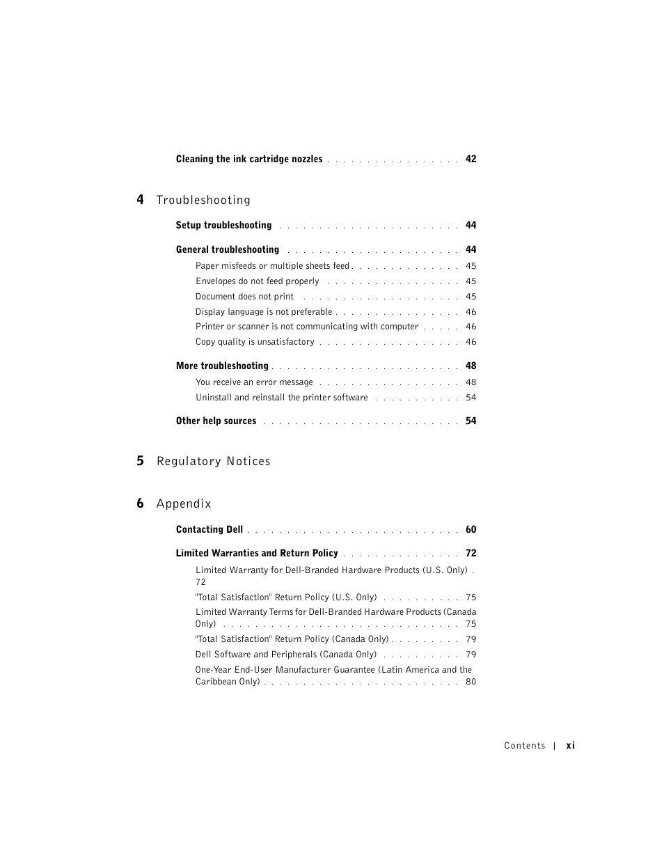 4 troubleshooting, 5 regulatory notices, 6 appendix | 5 regulatory notices 6 appendix | Dell A940 All In One Personal Printer User Manual | Page 11 / 102